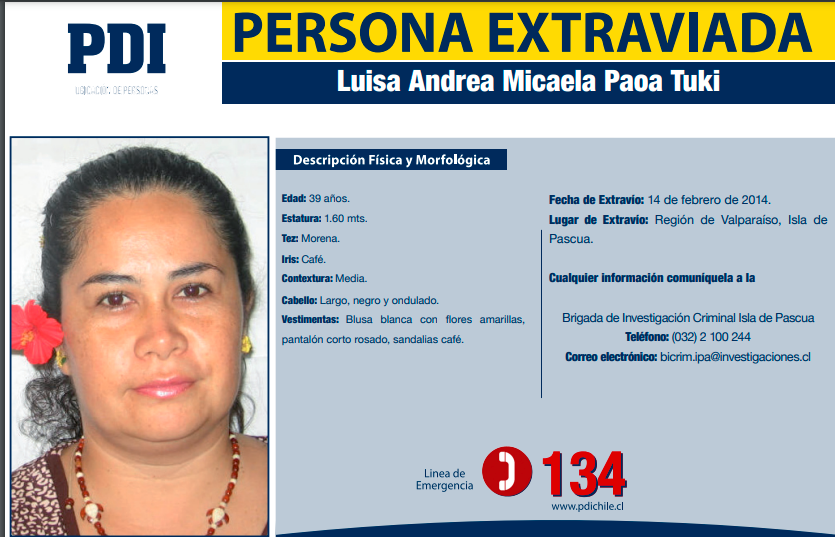 Personaschile's tweet photo. .#14DeFebrero Territorio Insular de Chile #IsladePascua
#MissingPerson Luisa Paoa Tuki 
Desaparecida 14 febrero 2014
¿la has visto? comunicate @Personaschile 
ONG Familias Extraviados En Chile
#NosFaltanTodos #HastaEncontrarte https://t.co/sEgcxsbw4E