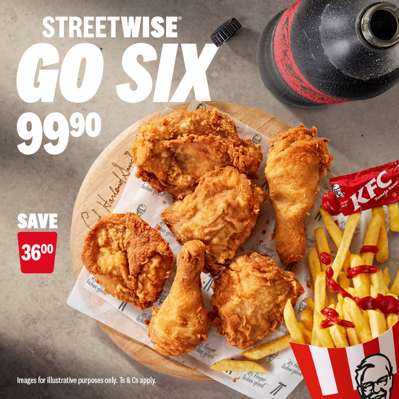 KFCSA's tweet photo. No need to split the bill when you can go all in for your crew with the Streetwise® Go Six – save R36 and get six pieces of chicken, large chips &amp; 1.5 litre No Sugar Coke all for only 99.90! Offer only available in-store. Go get yours now!