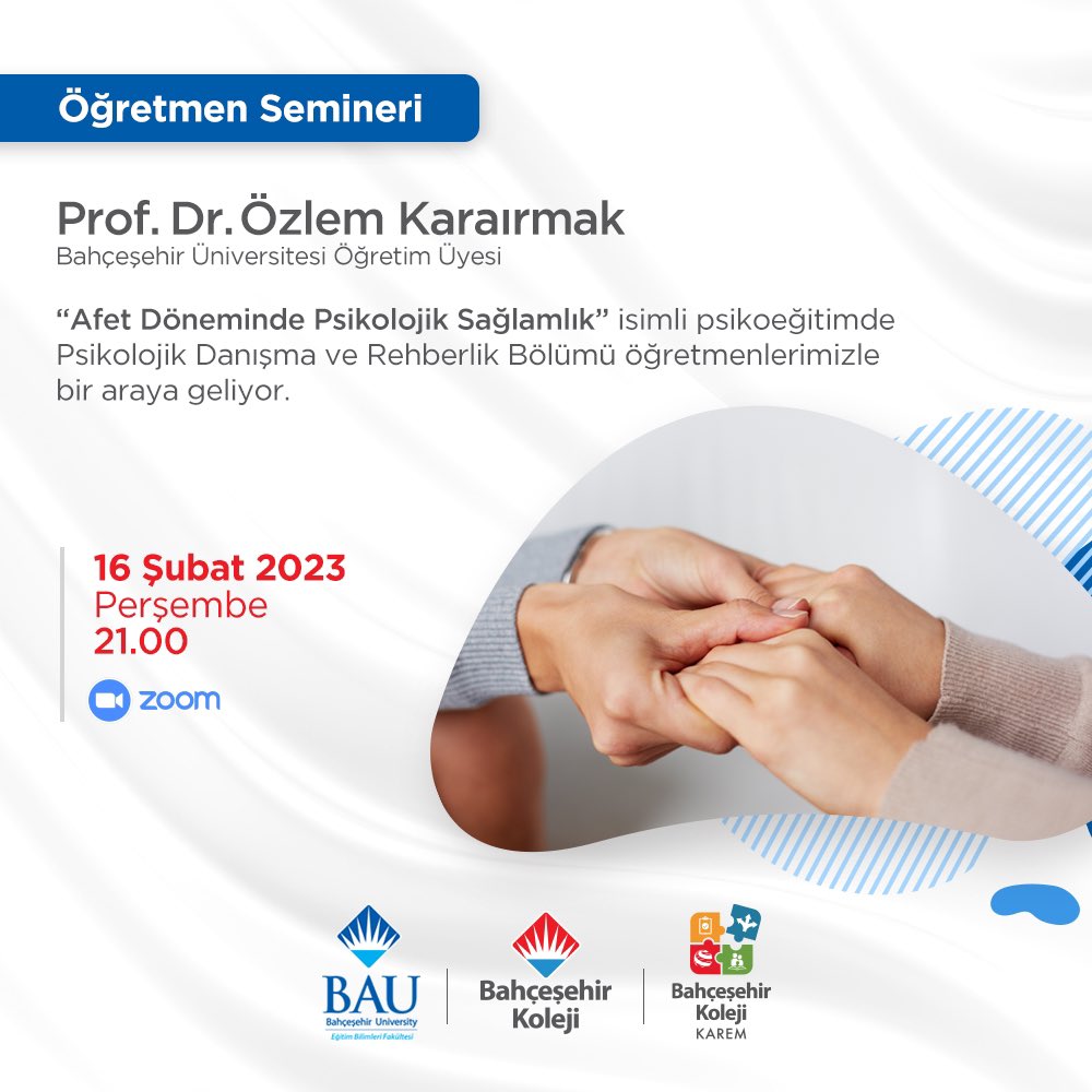 🔔 BAU <a href="/bauebf/">BAU EBF</a> Öğretim Üyesi Prof. Dr. Özlem Karaırmak “Afet Döneminde Psikolojik Sağlamlık” başlıklı psikoeğitimde Psikolojik Danışma ve Rehberlik Bölümü öğretmenlerimizle bir araya geliyor.
 
📆16 Şubat Perşembe 
⏰21.00