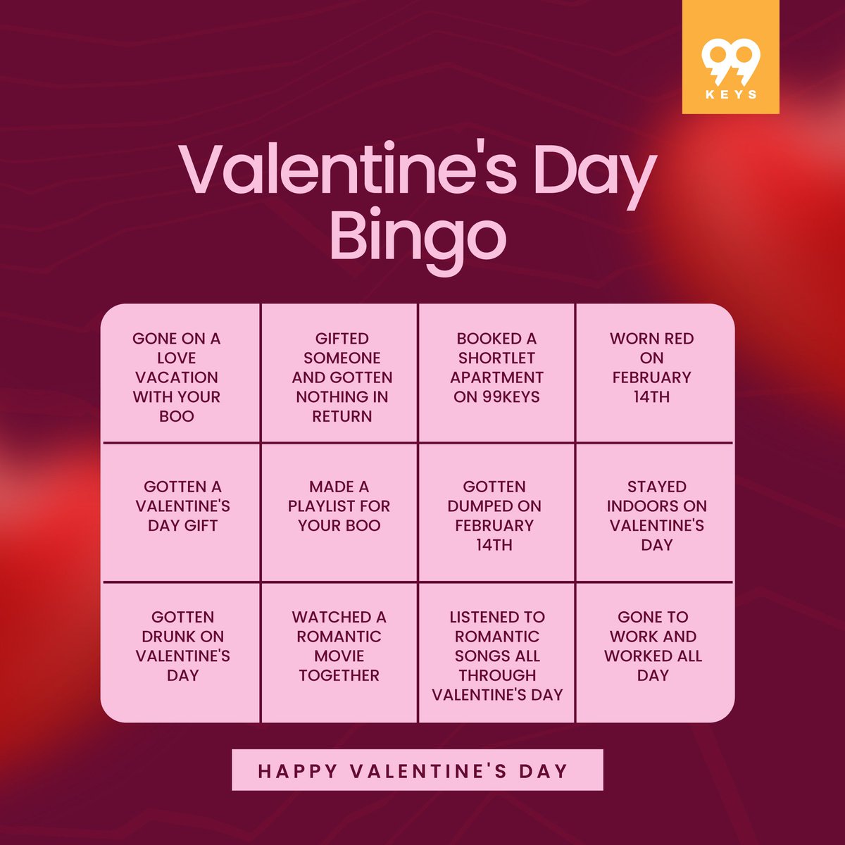 get99keys's tweet photo. Happy Valentine's Day 💘. Let's play Valentine's day bingo!
You get 5 marks for each activity you've experienced or done. 
Tell us what you scored no cheating 👀

#99keys #valentineseason
#valentinebingo #triviatuesday https://t.co/C5XaDrHdc1