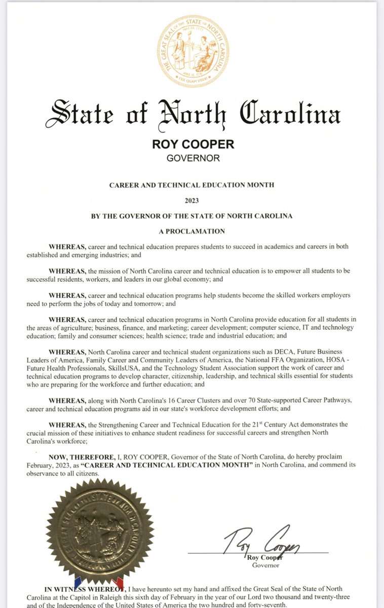 Happy CTE Month! We are thrilled to share the Career and Technical Education Month 2023 proclamation from the Governor. Please feel free to print or share with others who would like to join us in celebrating this month.

Thank you all! 
Your CTE State Staff

#CTEMonth #CTEforNC