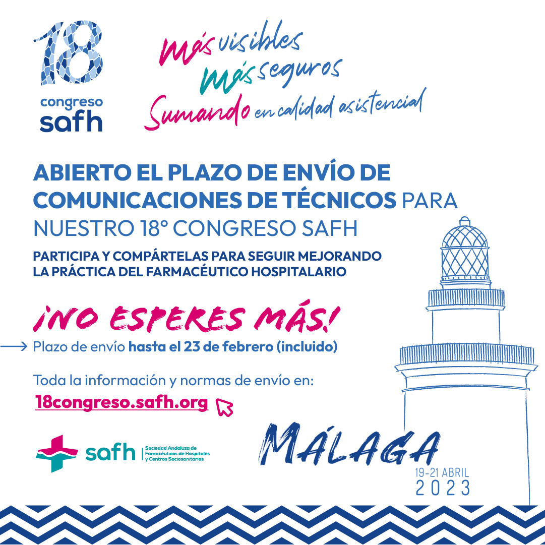 safh_info's tweet photo. 📣 ¡COMUNICACIONES! Te recordamos que hasta el 23 de febrero está abierto el plazo para el envío de COMUNICACIONES y COMUNICACIONES de TÉCNICOS para nuestro #18CongresoSAFH. ¡No esperes más! 

📝 Toda la info y acceso a normas: https://t.co/XJK0QoVF10 

#FarmaciaHospitalaria https://t.co/wYOr7kFKhC