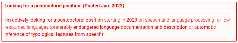 *Announcement!* 
I'm actively looking for a postdoctoral position (anywhere in the world) starting in 2023 on speech and language processing for low-resourced languages (preferably endangered language documentation and description or automatic inference of typological features)!