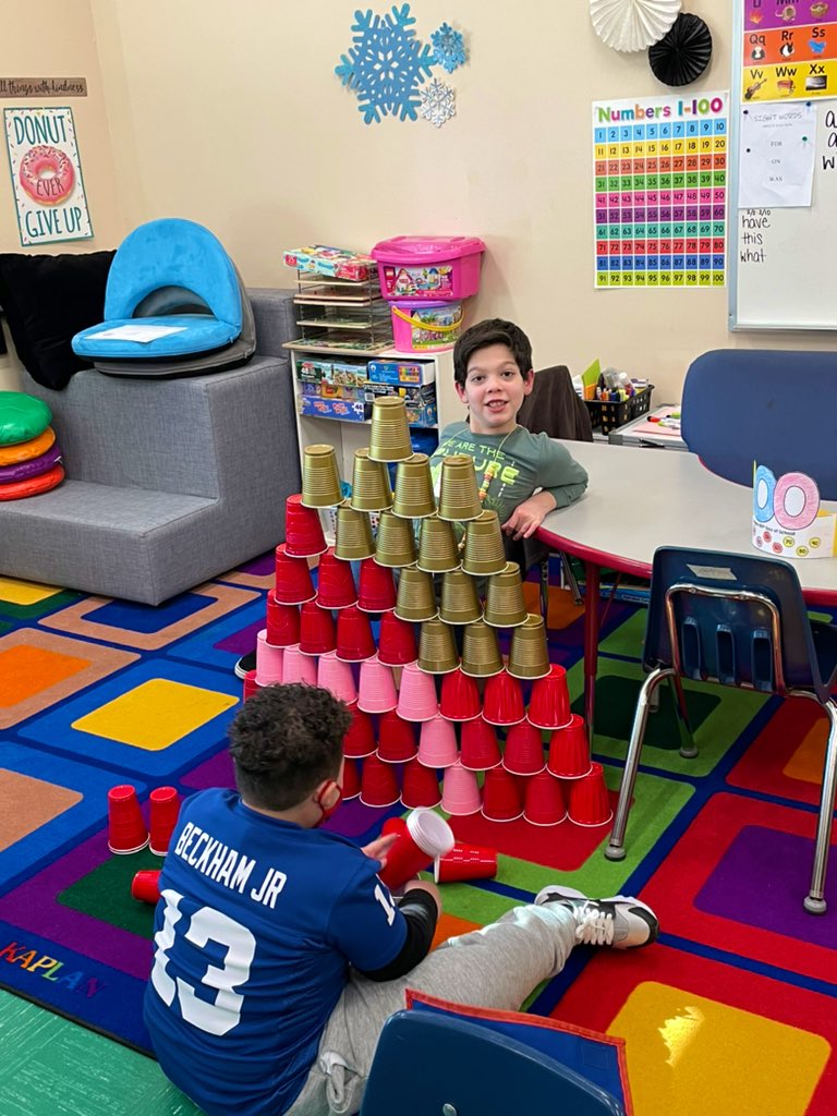 Students tried to use 100 cups to build a tower on the 100th day of school! We had so much fun! #80daysleft 🥳
