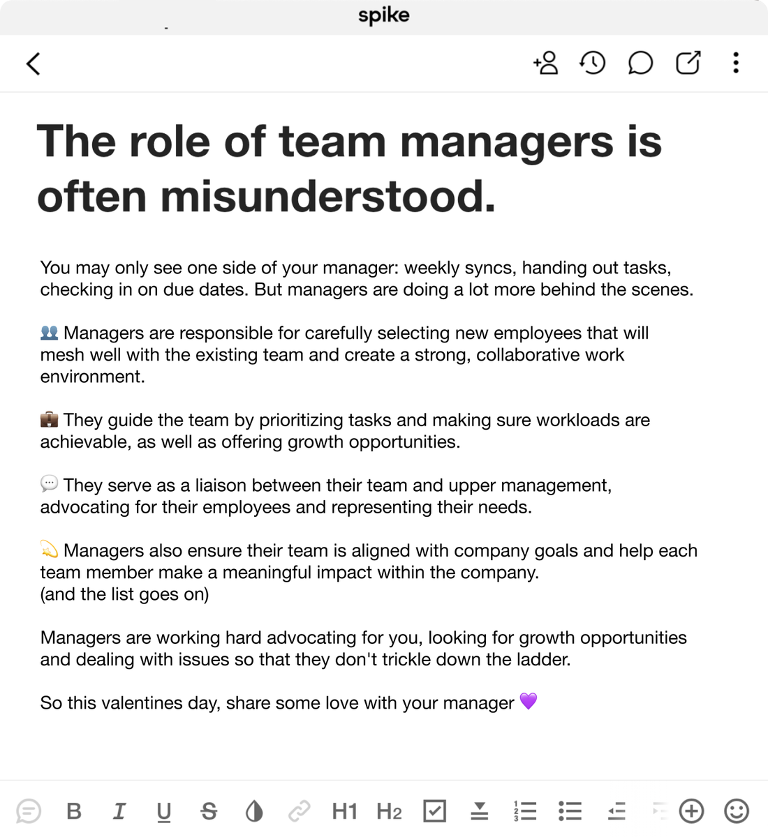 SpikeNowHQ's tweet photo. Let's show some appreciation for the amazing managers and team leads of the world 💪🏻💜
#teamlead #managerappreciation #valentine https://t.co/EuR3swQa8I