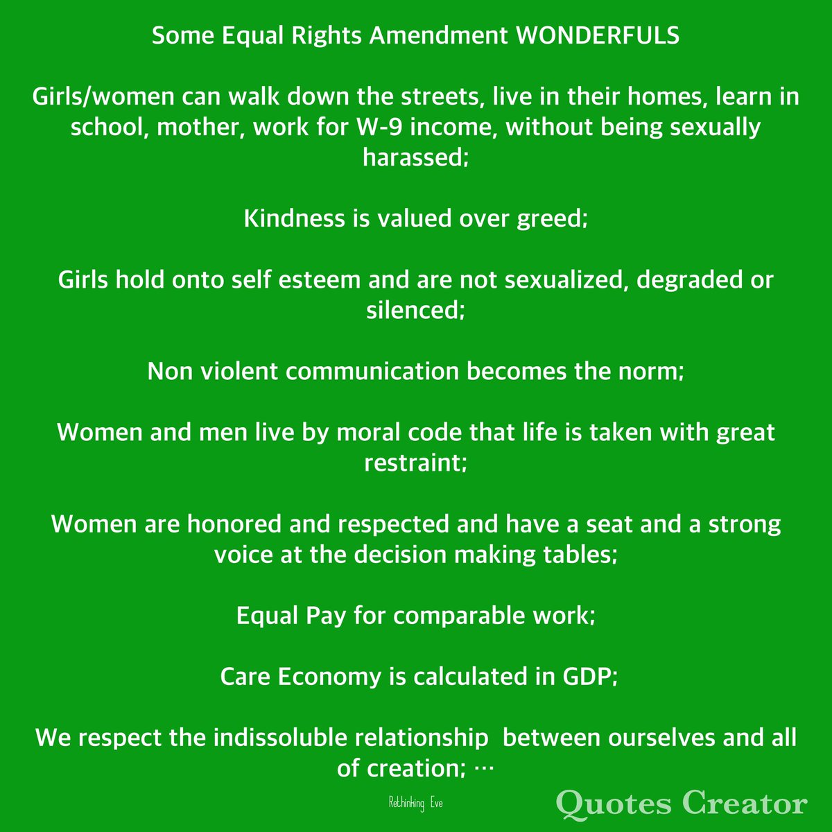 RethinkingEve's tweet photo. Some #EqualRightsAmendment #Wonderfuls
Kindness is valued over greed
Women r honored & respected, have a seat & a strong voice at the decision making tables
#EqualPay for comparable work
#CareEconomy is calculated in #GDP
#ValentinesDay #ValentinesDay2023
#PublishERAJoe https://t.co/eCMC7XYknZ