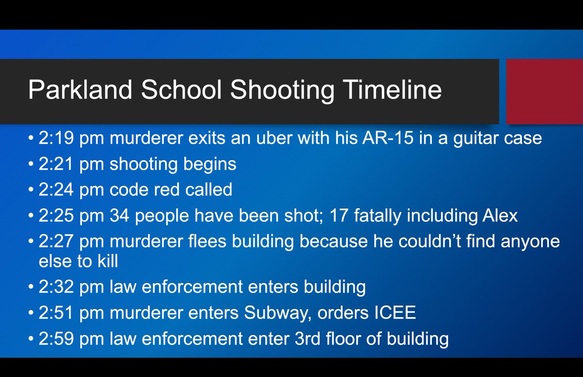 maxschachter's tweet image. 5 years ago today at 2:21 pm the worst high school shooting in US history began. Then in just 3:51 seconds 34 people were shot and/or killed including my sweet little Alex. Watch the animation of the law enforcement response. safeschoolsforalex.org/marjory-stonem…