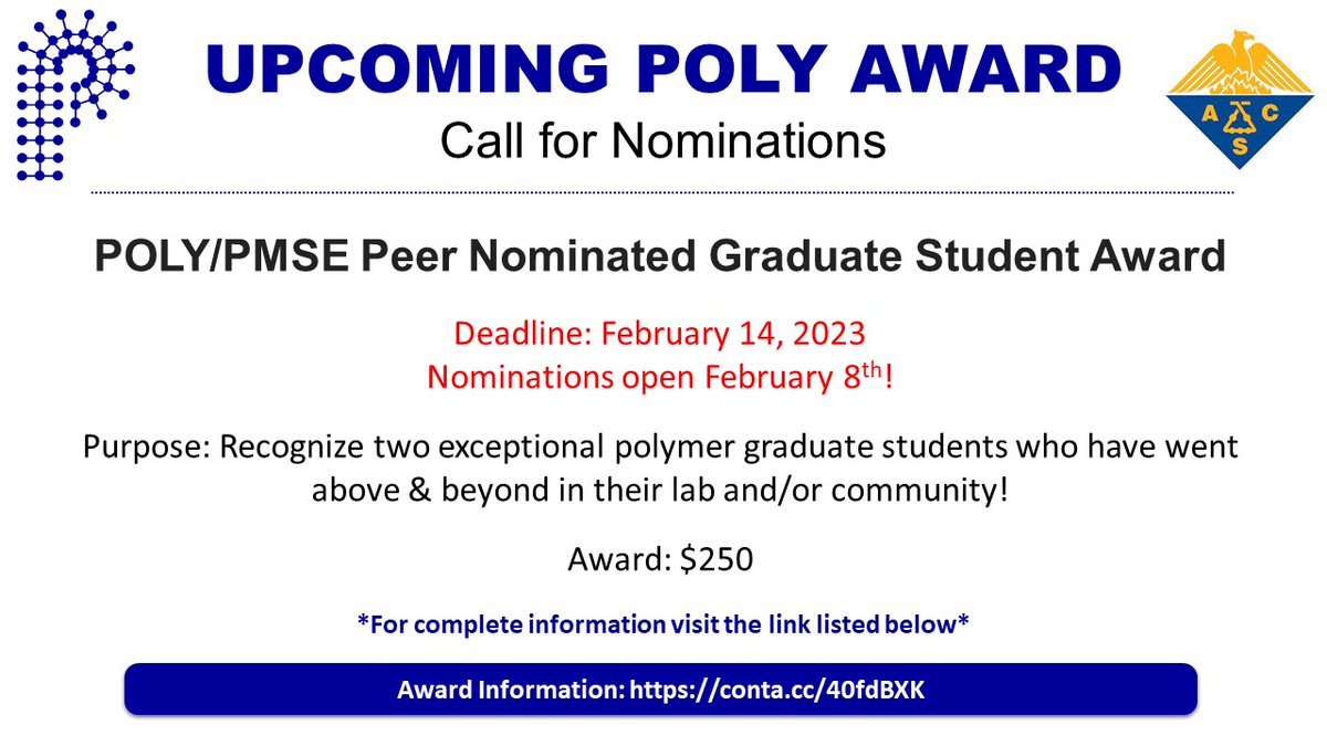 POLY_ACS's tweet photo. Do you know a graduate student who has went above & beyond in their scientific community? Deadline is TODAY
Complete details at: https://t.co/1stpxQirZV
#POLY #PMSE #POLYGRAD #PMSEGRAD https://t.co/avKrT9RxtH