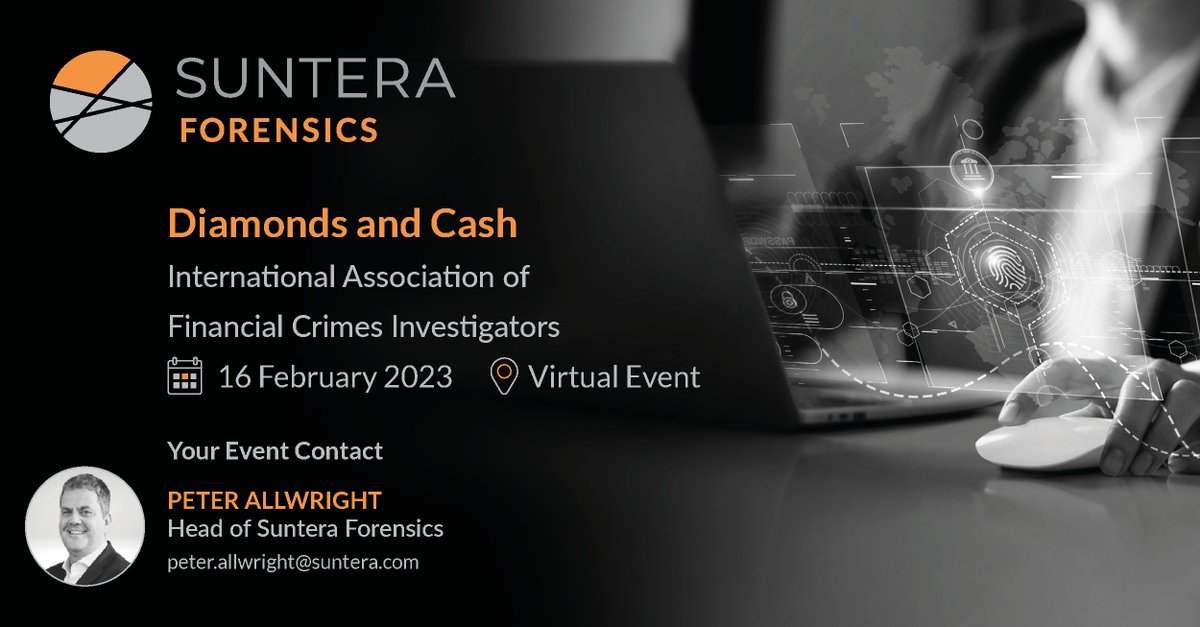 sunteraglobal's tweet photo. Peter Allwright, Head of #SunteraForensics, is conducting a presentation titled 'Diamonds & cash' on 16 February for the @iafci, which focuses on the #ForensicInvestigation into the theft of a #gaming platform. Learn more > https://t.co/yUEDHftjFB or contact @pallwright. https://t.co/v3p5FlzIn5