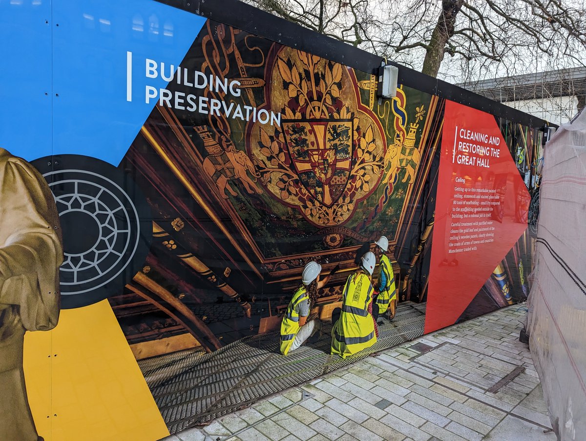 Always a privilege to be represented on the info panels outside <a href="/ourtownhall/">Our Town Hall</a> <a href="/ManCityCouncil/">Manchester City Council</a> Here our conservators are seen assessing the #GreatHall #ceiling panels prior to #conservation works last year. #painting #surveys #Manchester #TownHall #restoration #teamwork