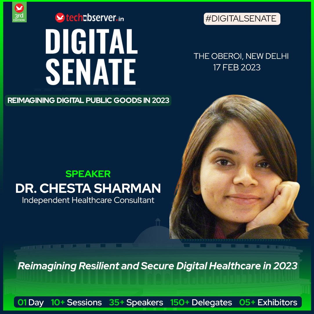 EducationSabha's tweet photo. Join Dr. Chesta Sharma, Independent Healthcare Consultant at #DigitalSenate 2023 on 17th Feb at The Oberoi, Delhi as she moderates a panel discussion on "Reimagining Resilient and Secure #Digital #Healthcare in 2023."

Register: https://t.co/lrAmd7JFjL https://t.co/ZzNNRJlrAJ