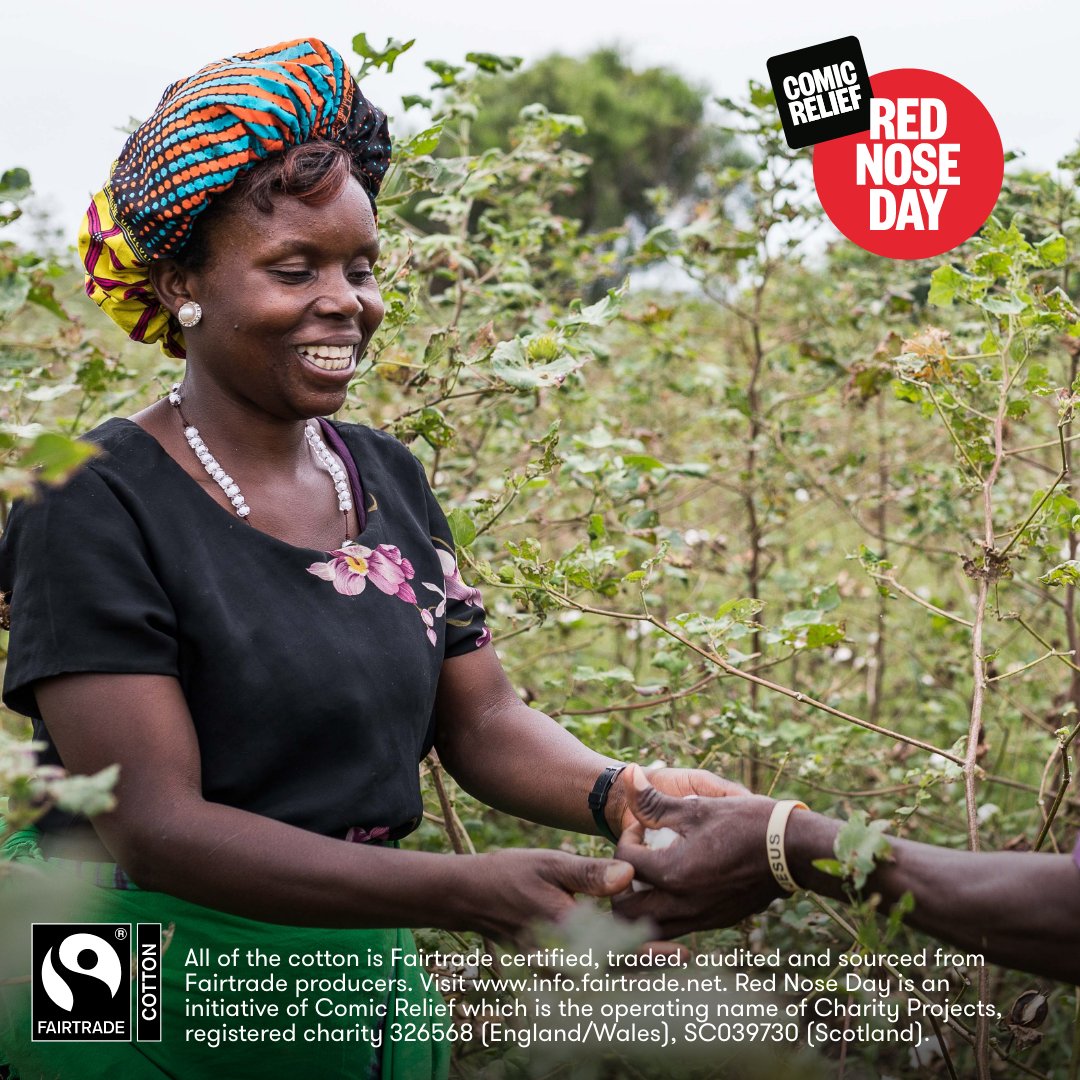 Did you know that your exclusive #RedNoseDay T-shirts, sweatshirts, tote bags and aprons are made from Fairtrade cotton? Sourced in Uganda, Fairtrade cotton means farmers can earn more income and secure their future. Find out more at bit.ly/3YvIaXB