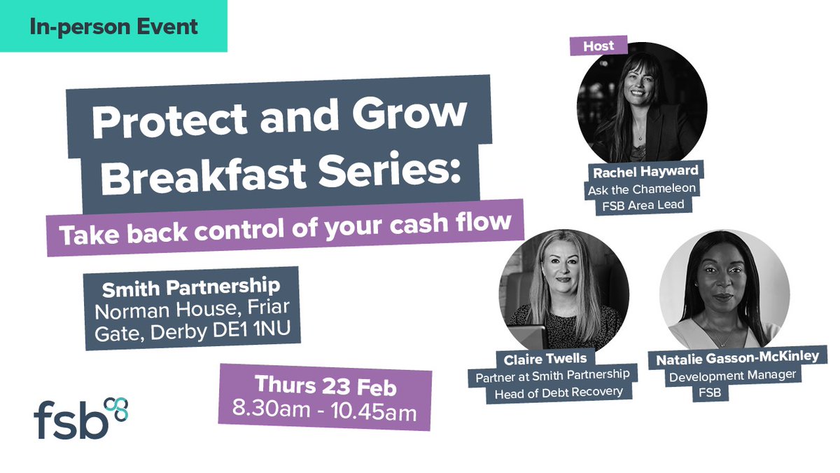 Next Thursday you could be attending this event - 'Protect and Grow Breakfast Series: Take back control of your cash flow' - Book now for this interactive session with #FSBConnectOnline Thursday 23rd February 8:30-10:45am

fsb.org.uk/event-calendar…