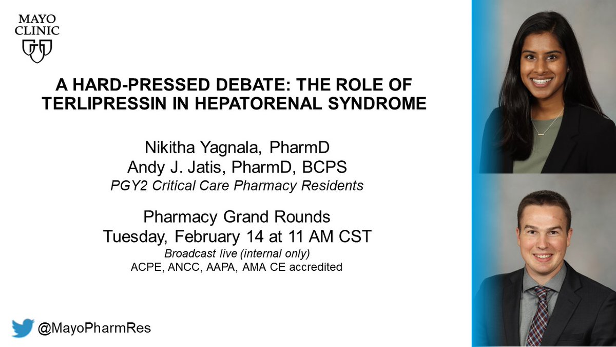 In today's Pharmacy Grand Rounds, @MayoClinicPharmRes <a href="/NikithaYagnala/">Nikitha Yagnala, PharmD, BCCCP</a> and <a href="/jatis_rx/">Andy Jatis, PharmD, BCPS, BCCCP</a> debate the role of terlipressin in hepatorenal syndrome. #TwitteRx <a href="/MayoClinicCCM/">Mayo Clinic Critical Care Medicine Fellowship</a> <a href="/MayoClinicGIHep/">Mayo Clinic Gastroenterology & Hepatology</a> <a href="/accpcritprn/">ACCP CRIT PRN</a> <a href="/SCCM/">SCCM</a>

Subscribe to our PGR Podcast at mayocl.in/3jY3o1i