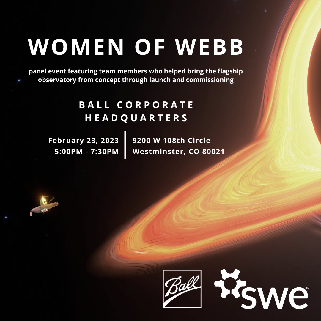 SWERMS's tweet photo. Join RMS and @BallAerospace for a special Women of Webb panel event featuring team members who helped bring the flagship observatory from concept through launch and commissioning. Heather Doty will moderate a panel of her colleagues. Register at https://t.co/cLRKIqK9NA @SWEtalk https://t.co/XUOztGCHDr