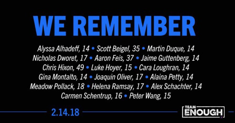 Team_Enough's tweet photo. 5 years ago today, 17 students and teachers were tragically shot and killed at Marjory Stoneman Douglas High School.

Today, we honor each life lost by committing ourselves to #EndGunViolence. 💙💙💙 https://t.co/mPNEySmxn8