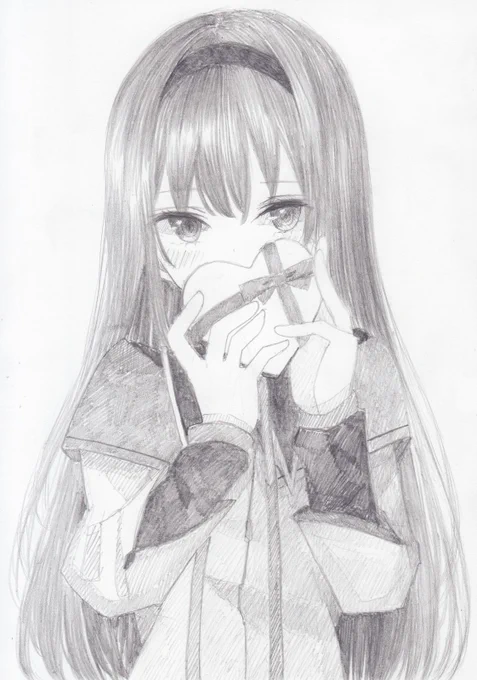 シャーペンで描きました。魔法少女まどか☆マギカから、暁美ほむらです。バレンタイン～!#魔法少女まどかマギカ 