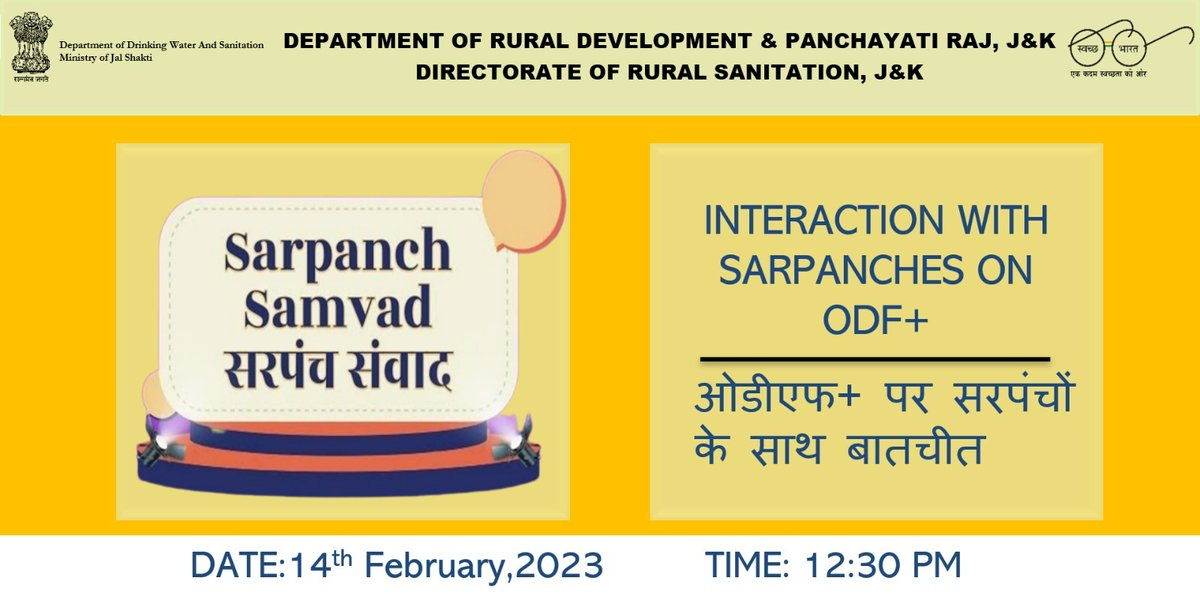 mission_sbm's tweet photo. Director, Rural Sanitation,J&amp;K chaired the SARPANCH SAMVAD &amp; interacted with Sarpanches of Dist. Jammu, Kathua,Rajouri,Reasi &amp; Udhampur today on 14-02-23.The session witnessed discussions on the progress of #ODFPlus activities undergoing across these districts.
@CeeDeeSingh https://t.co/EskkFeSdub