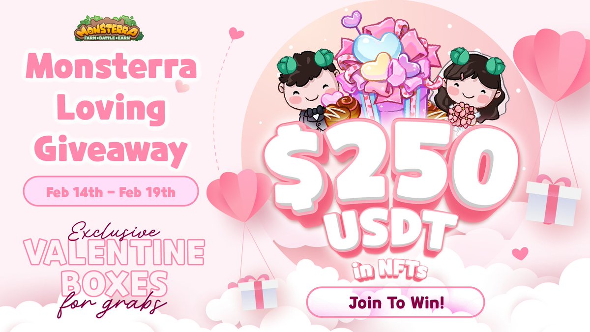 Monsterra_P2E's tweet photo. ❤️Lovely time! Let's join #Monsterra Loving Giveaway NOW!

⏳13:00 UTC Feb.14th - Feb.19th
💰120 Valentine boxes/ 40 lucky winners

Must:
📌Like, RT &amp; Tag 3 friends
📌Cmt in-game wallet + pic with Cupid Boss

Play the game at: https://t.co/KmEgkqyqx3 if you're a newbie. https://t.co/PcaDAiEq3N