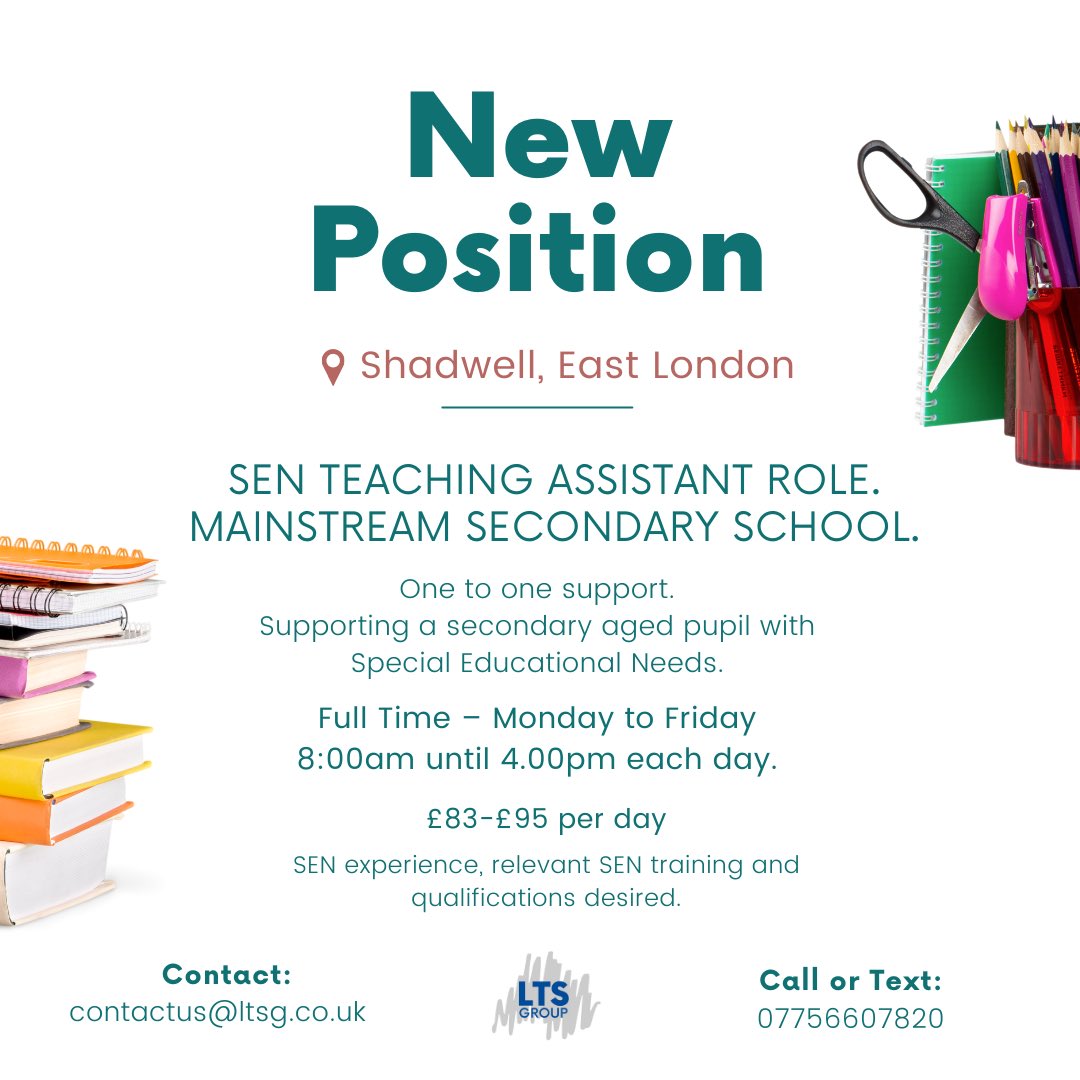 New Position 🌟 

Shadwell, East #London 📍 

SEN #Teaching Assistant Role.
Mainstream Secondary School.

Full time – Monday to Friday
8am until 4pm each day.

Salary £83-£95 per day. 

Apply today! 

☎️ 020 8362 3219 
🌍 ltsg.co.uk

#teachingjobs