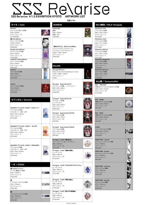 大変お待たせしました、「Re\arise #1.5 EXHIBITION KYOTO」で販売する作品・グッズのラインナップを公開いたします。
作品・グッズには数に限りがございますので、皆さまお見逃しのないよう、ご覧ください。#SSSRearise

▼EC
https://t.co/Z92xIV0xuV
EC販売開始は2/18(土)10:00を予定しております。 