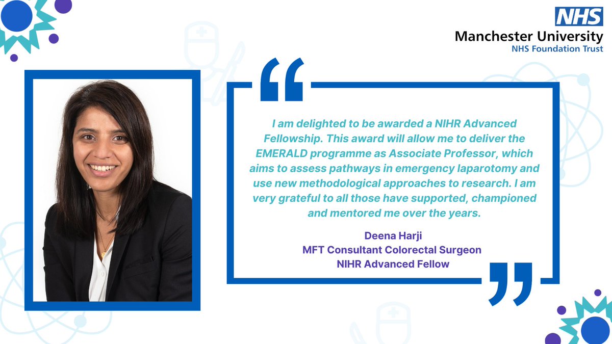 MFT Research and Innovation (@mft_research) on Twitter photo Congratulations to Deena Harji, Consultant Colorectal Surgeon <a href="/MFTnhs/">MFT NHS</a> who has been awarded a prestigious <a href="/NIHRresearch/">National Institute for Health and Care Research</a> Advanced Fellowship 👏 🎉.
Deena will join the team at University of Leeds Clinical Trials Research Unit as an Associate Professor. Well done and good luck! Congratulations to Deena Harji, Consultant Colorectal Surgeon <a href="/MFTnhs/">MFT NHS</a> who has been awarded a prestigious <a href="/NIHRresearch/">National Institute for Health and Care Research</a> Advanced Fellowship 👏 🎉.
Deena will join the team at University of Leeds Clinical Trials Research Unit as an Associate Professor. Well done and good luck!