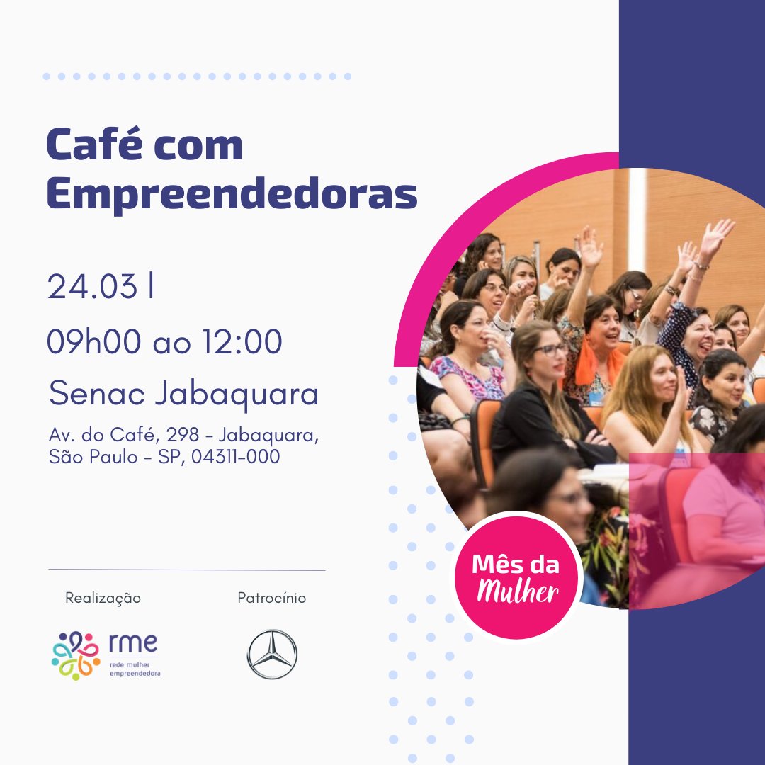 O primeiro Café com Empreendedoras do ano já tem dia e hora para acontecer e você não pode ficar de fora desse evento maravilhoso.  Então, já anota ai:

Dia 24/03
das 09h00 ao 12h00
Senac Jabaquara

Inscreva-se: sympla.com.br/produtor/rme 

Te esperamos lá! 💜