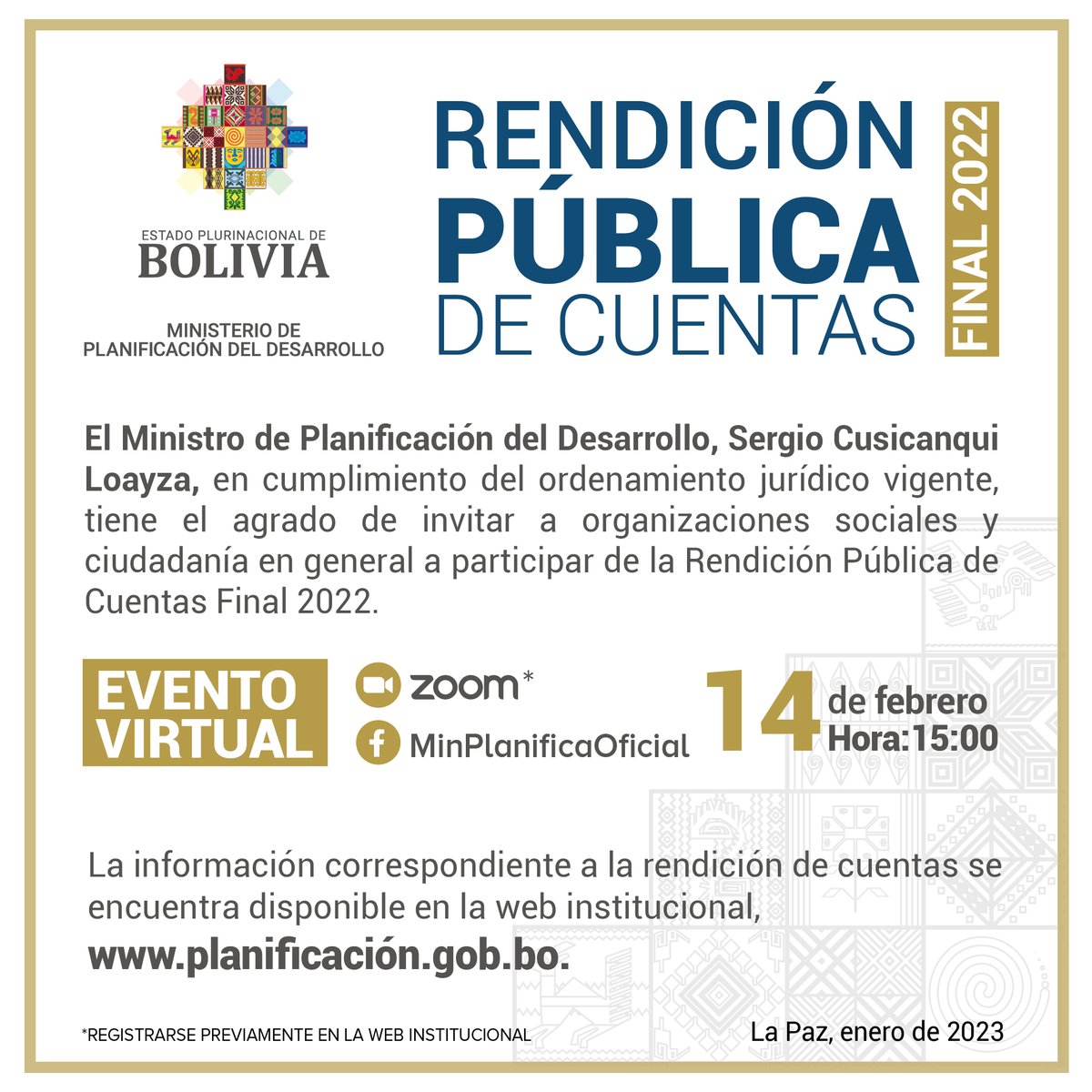 minplanifica's tweet photo. #MDPTransparente | Te invitamos a ser parte de la RENDICIÓN PÚBLICA DE CUENTAS DEL MINISTERIO DE PLANIFICACIÓN DEL DESARROLLO, regístrate y participa, te esperamos 👇🏻
📝: https://t.co/EyPKBOiwxE
#PlanificaciónTransparente https://t.co/lMHpbinvPI