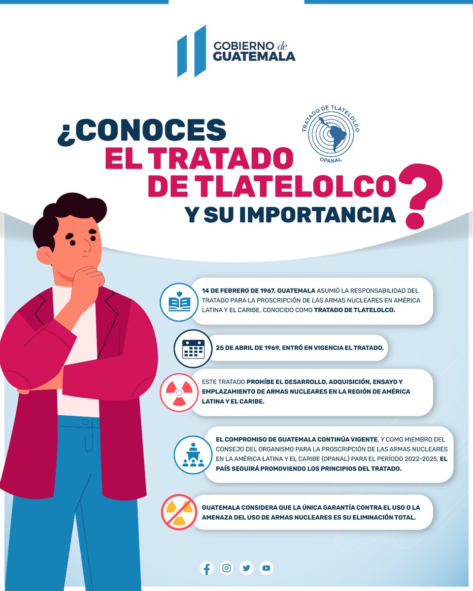 MinexGt's tweet photo. Hoy, Guatemala conmemora el 56.º Aniversario que entró en vigor el #TratadoDeTlatelolco, que prohíbe el desarrollo, adquisición, ensayo y emplazamiento de armas nucleares en la región de la América Latina y el Caribe. https://t.co/Thb9Flnq9R