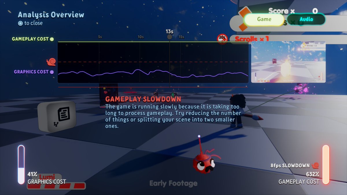 OgTheEnigma's tweet photo. GIGANTIC gameplay performance gains have been made for @LUMI_LBP's Lumi Tale, running on the PS4! A typical peak of 632% is now only 36%.

The culprit? Collidable sculpts on the puppet. Creators, please check the physics filter in Test Mode in your creation!

#MadeInDreams https://t.co/zQWHkOLmby