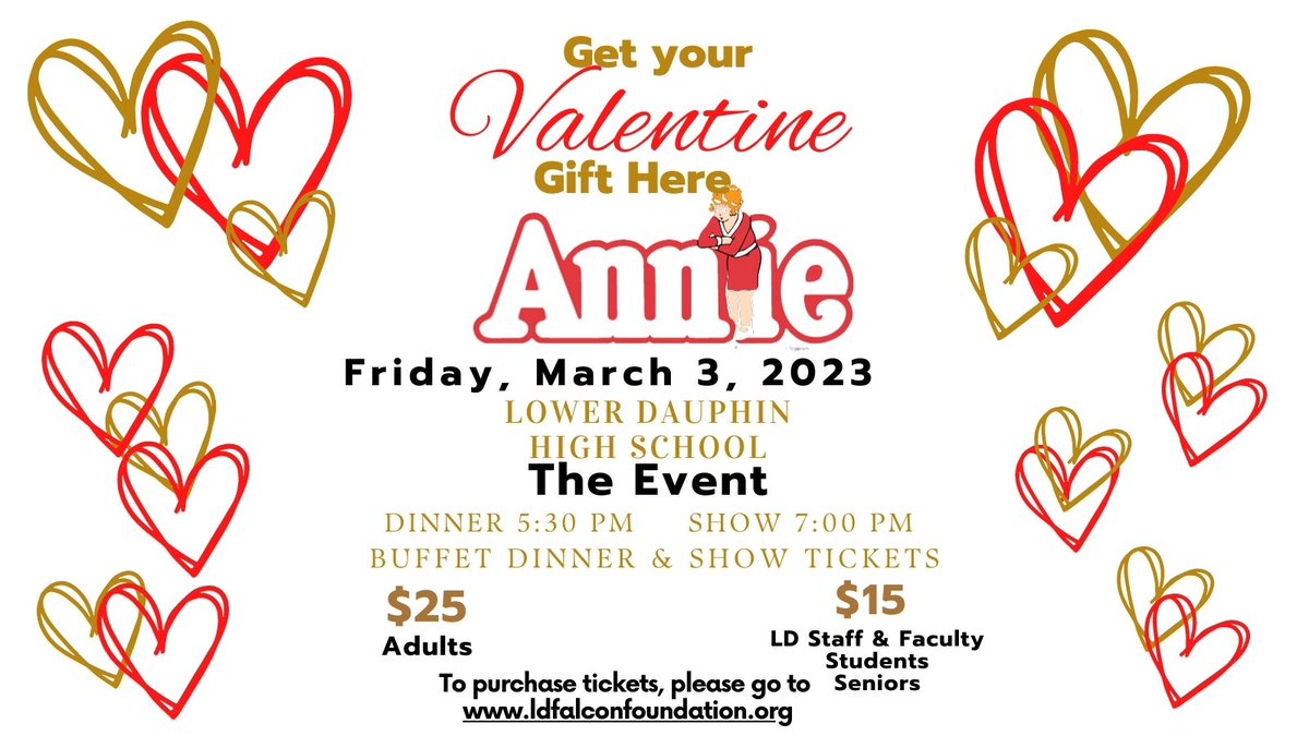 Valentines gift DONE: dinner &amp; show. LDFF &amp; LDHS present Musical Dinner Theatre: Annie! Fri, 3/3 at 5:30. Food, fun, music, trivia, prizes, &amp; a ton of talent in cast, crew &amp; pit. Tickets: ldfalconfoundation.org. Questions: LDHSmusical@gmail.com <a href="/LowerDauphin/">Lower Dauphin</a>