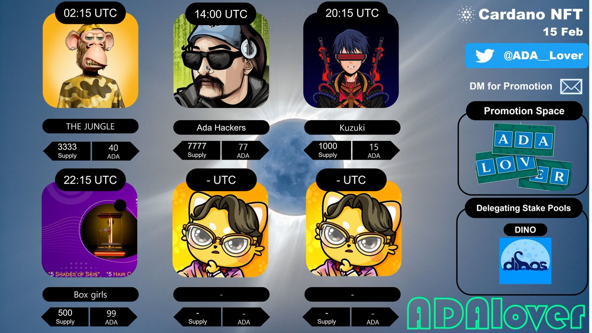 🚨#CNFTdrops🚨
1⃣5⃣FAB

1.<a href="/THEJUNGLEcnft/">THE JUNGLE 🌴🌿</a> 

2.@AdaHackersNFT

3.<a href="/KuzukiCNFT/">Kuzuki</a> 

4.<a href="/StripperCoin/">StripperCoin.io💋| Web3 Adult Ecosystem | ™️</a> 

- Stake Pool -
<a href="/SPO_DINO/">DINO 🇰🇷 Cardano SPO & DRep</a>

#CNFTCommunity #CNFT #CNFTs #CardanoNFT #CardanoCommunity #Cardano #ADA #NFT #NFTdrop #NFTs #NFT #NFTdrops