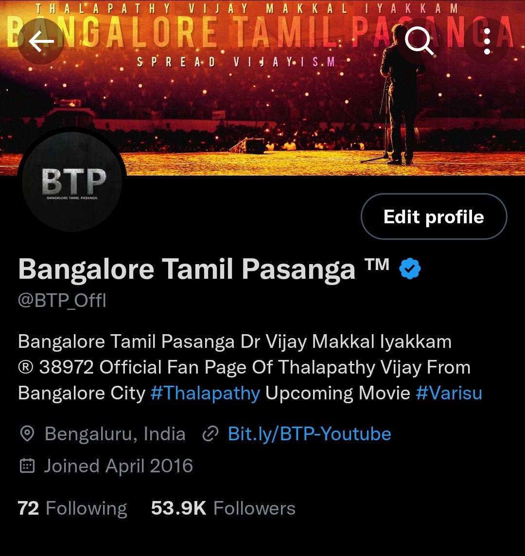 BTP_Offl's tweet photo. Finally Our Bangalore Tamil Pasanga Vijay Makkal Iyakkam Team Official Twitter Page Verified 💙

Keep Support Us Thalapathy @actorvijay's Fans..Lets Spread Vijayism All Over The World 🫶♥️

#Leo #BloodySweet @actorvijay #Varisu https://t.co/W3d5AjGEx0