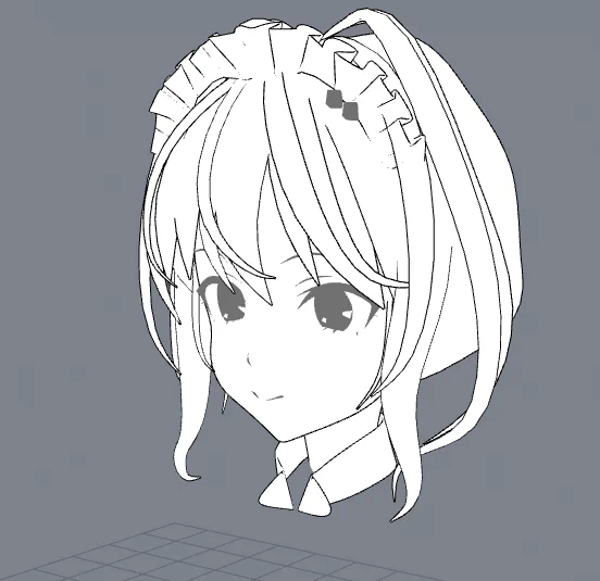 今回はざっくり作りましたが、真面目に作りこむならまずここを直すってところはアイラインです。今は完全に平べったい状態なので、アイラインの真ん中で切って立体的にします。こうした方が映えます。あと、髪の重なりは全然調整していないので、その辺調整した方が良いですね。 