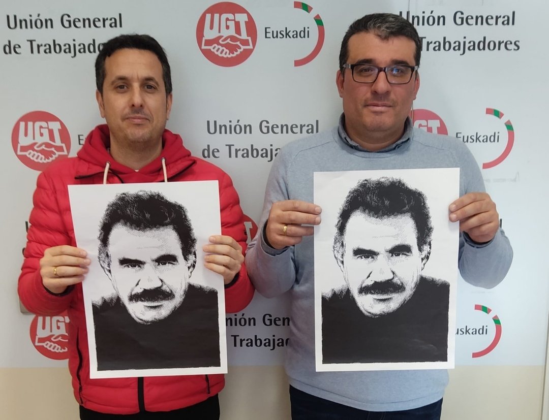 ParevSole's tweet photo. Six #Basque #tradeunions, #LAB, #ELA, #CCOOeuscadi, #ESKEuscadi, #UGTEuscadi and #Steilas launched a manifesto demanding freedom for Abdullah #Ocalan on the 24th anniversary of his capture in Kenya. #FreedomforÖcalan @ocalanfree https://t.co/DR5YFKhr3W