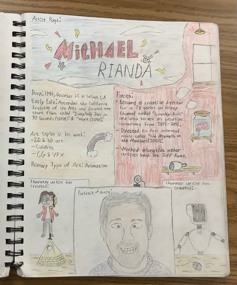 CaseyCaln's tweet photo. In my art class in high school we have to create an artist page every couple of weeks, here is some I’ve done from September-December last year. Also, thanks for the support you guys have given me. #ArtistPages #HildaTheSeries #TheMitchellsvsTheMachines https://t.co/BPkvi1twCr