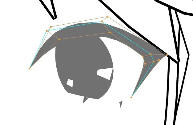 今回はざっくり作りましたが、真面目に作りこむならまずここを直すってところはアイラインです。今は完全に平べったい状態なので、アイラインの真ん中で切って立体的にします。こうした方が映えます。あと、髪の重なりは全然調整していないので、その辺調整した方が良いですね。 