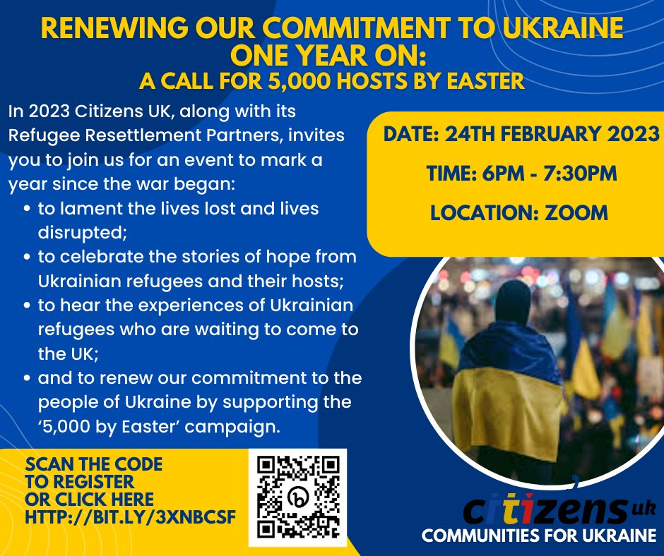 uspuk_org's tweet photo. On the 24 February we will come together to mark a year since Russia's renewed invasion of #Ukraine. If you are interested in becoming a host, or your organisation would like to work with us as a Resettlement Partner - we invite you to join us. Scan the QR code to register. https://t.co/CBeaTyzUIm