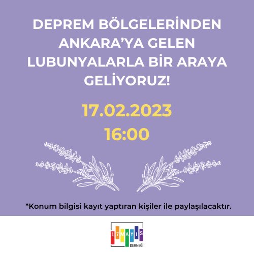 ankaralgbti1's tweet photo. 17 Mayıs Derneği, deprem bölgelerinden Ankara’ya gelen lubunyalarla bir araya geliyor.

Detaylar ve kayıt linki: https://t.co/0ZioBIYmfC https://t.co/BAenBJTFEq