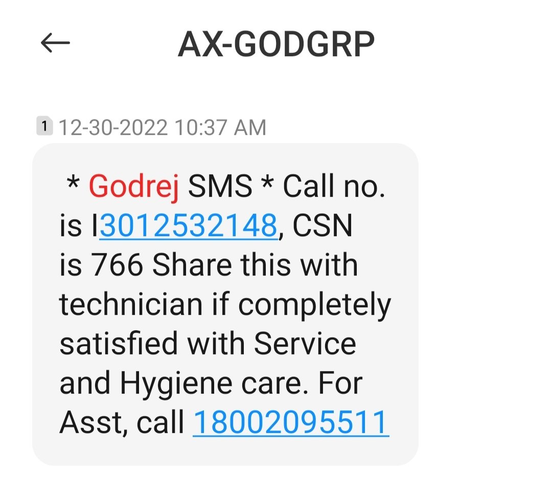 sameerjdp's tweet photo. @GodrejAppliance My Third Complaint @GodrejAppliance 
I30112532148 Date 30.12.2022 https://t.co/g4JQtu9Gpe