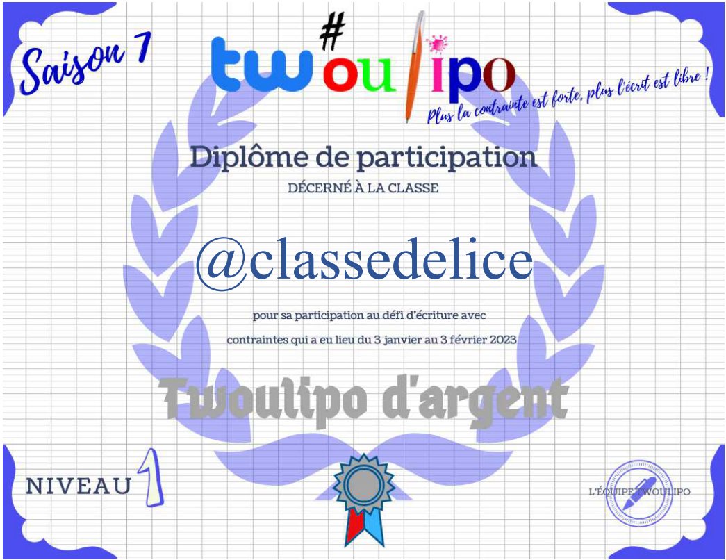 tw_oulipo's tweet photo. Bravo à toutes les classes de l'#EQ02  de #Twoulipo pour ces 4 semaines de productions d'écriture!
Félicitations à tous , voici vos diplômes !
@Cp3Massy 
@maclasse2cp 
@yyc_cpc 
@CPYerrois 
@CPmesselotndsj 
@classedelice 
@LesChatsP https://t.co/RETOnkpXnd