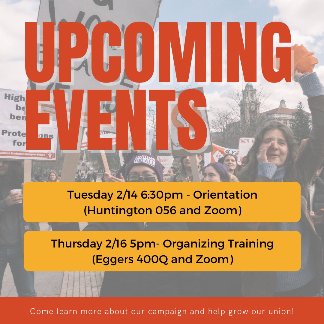SyracuseGEU's tweet photo. Tonight, we are hosting an union orientation at 6:30pm in Huntington 056 and Zoom. Come learn about the union campaign and how you can get plugged into the movement! ✊ https://t.co/qs5UcsUdMA
