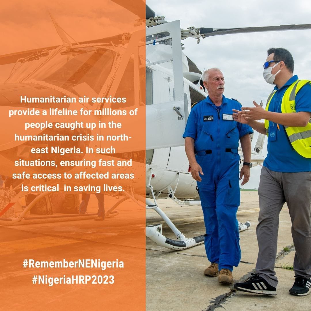 TheSafetyChic's tweet photo. 4. Aviation personnel: Planes and helicopters are often the only way to reach crisis-affected areas that are extremely hard to reach. #RememberNENigeria #NigeriaHRP2023 https://t.co/JS4M1qEsxG