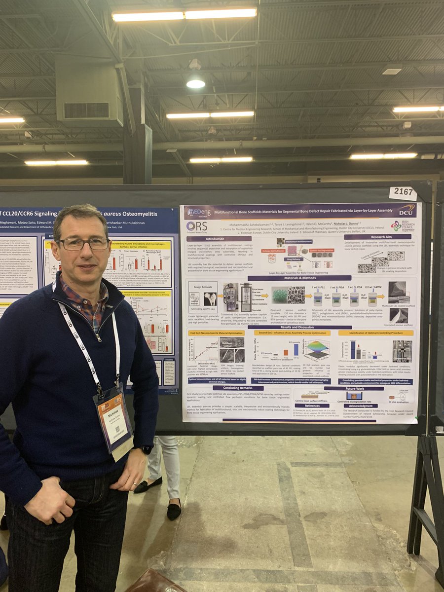 Hear @njdunne_lab present @Ali_Zamani1988’s @IrishResearch funded PhD research on the layer-layer assembly of highly porous scaffolds for segmental bone defect repair at poster #2167 during @ORSsociety PS-2.