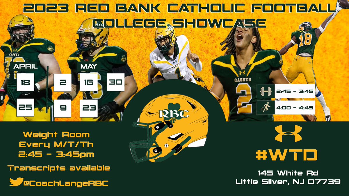 CoachLangeRBC's tweet photo. 2023 RBC Football College Showcase Schedule!
- At Our New Practice Facility
- Transcripts Available 
- Any questions/requests please email HC Mike Lange 
Mlange@redbankcatholic.com
#WTD https://t.co/CLh9n7q4mn