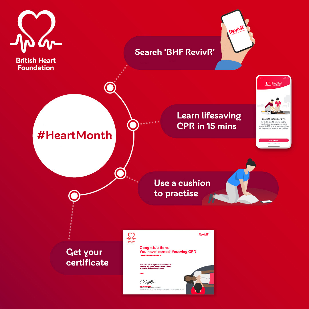 TheBHF's tweet photo. Spread the ❤️ this #ValentinesDay by learning the skills to save a life. 

CPR training with our online tool RevivR only takes 15 minutes. So grab your phone and a cushion to practise on - there's no time to waste. 

Start your training here: https://t.co/3mduIuIuzF #HeartMonth https://t.co/K4VRxGNyZB