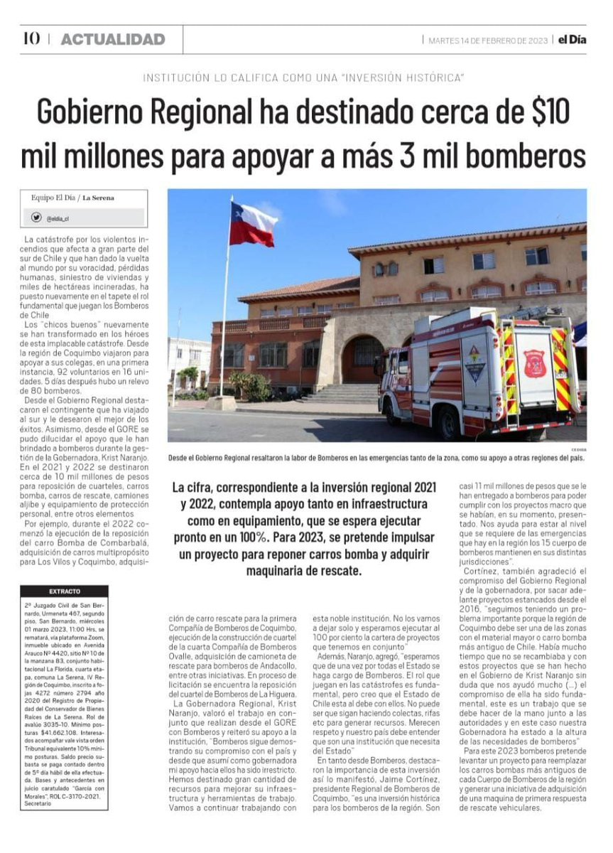 gorecoquimbo's tweet photo. 📰 [Prensa] @eldia_cl destaca la inversión en equipamiento e infraestructura para @BomberosdeChile en nuestra #RegiónDeCoquimbo, con casi $10 mil millones en dos años. La Gobernadora @KristNaranjoGob valora el trabajo conjunto con la institución.👇🏼
#BomberosDeChile
#emergencias https://t.co/Pj3lYdv7bE