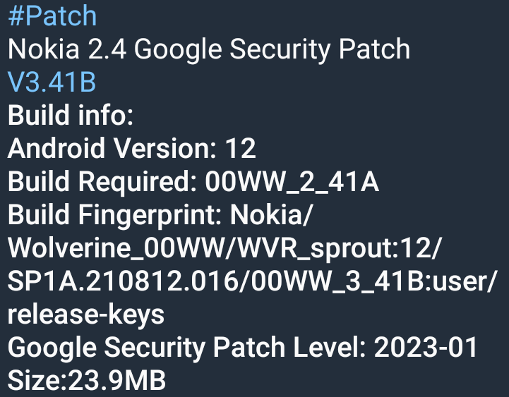 NokiaTracker_'s tweet photo. New update ! 
Nokia 2.4
SP only : January 2023
Size : 23,9 Mb 
Build number : 00WW_3_410_SP02
Android version : 12
Released : 14 February 2023 https://t.co/MhQGLXcsCh