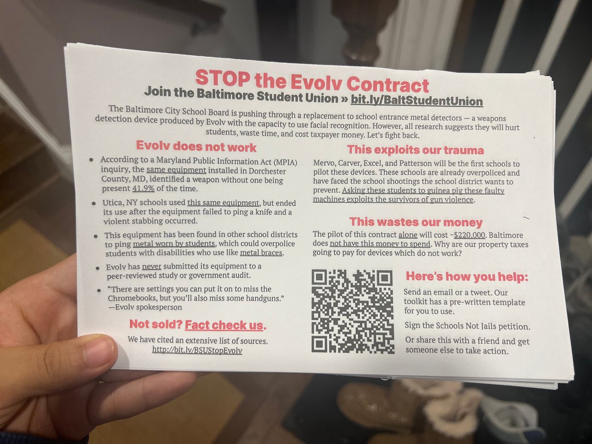 BCPSSUnion's tweet photo. This week, BSU is launching our citywide campaign to fight the Evolv Contract &amp; get students talking about community-driven school safety. We will be passing out hundreds of these sheets across a dozen schools w/ resources for contacting the School Board. ✊ https://t.co/jGHGB6PBTv