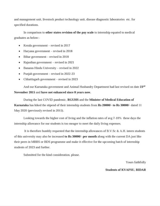 Increase the vet intern stipend equal to medical
#Increase_Karnataka_vet_stipend #justice4vets #vetrights  #equality
#studentrights
<a href="/cmofkarnataka/">CM of Karnataka</a>
 <a href="/AHVS_Karnataka/">Dept of Animal Husbandry and Veterinary services</a>
 <a href="/BSbommai/">Basavaraj S Bommai</a>
 <a href="/prabhuchavanBJP/">Prabhu Bhamla Chavan</a>
<a href="/presidentvci/">Dr. Umesh C Sharma</a>
 <a href="/Dept_of_AHD/">Dept of Animal Husbandry & Dairying, Min of FAH&D</a>
 <a href="/icarindia/">Indian Council of Agricultural Research.</a>
 <a href="/PRupala/">Parshottam Rupala</a> 
 <a href="/BJP4Karnataka/">BJP Karnataka</a>
 <a href="/PMOIndia/">PMO India</a>